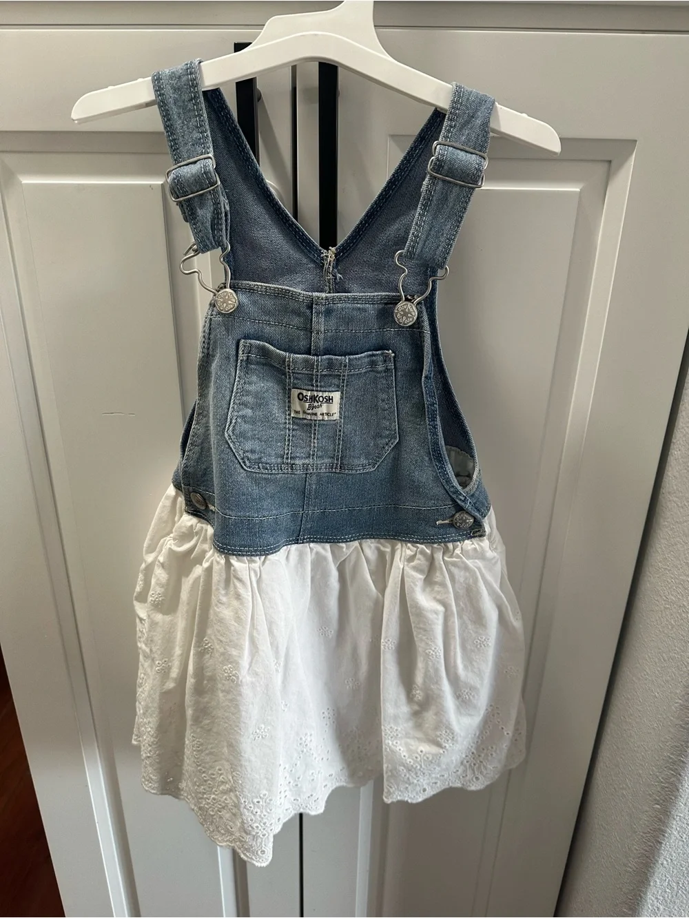 OshKosh B'gosh Blue Denim Overall Dress with White Eyelet Skirt